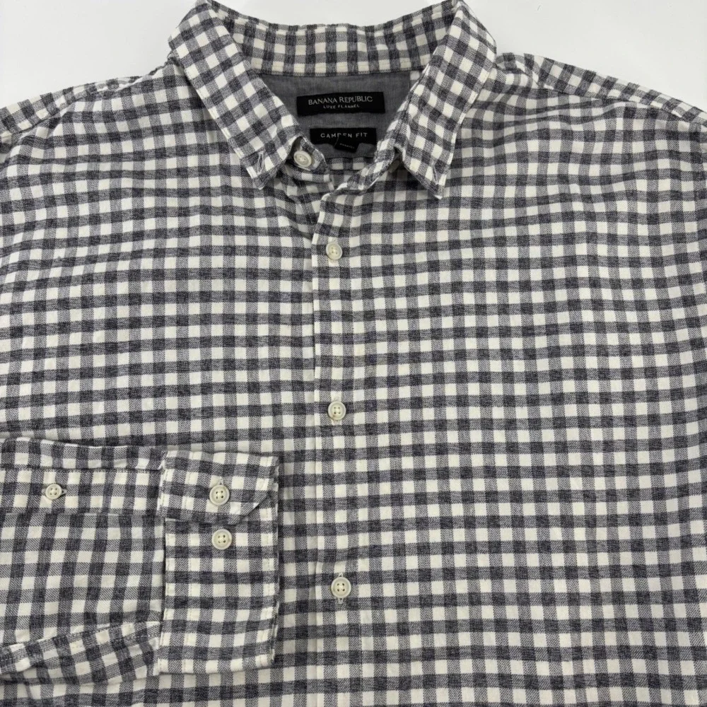 Banana Republic Flannel Shirt Mens XL Gray Gingham Camden Fit Luxe Cotton LS